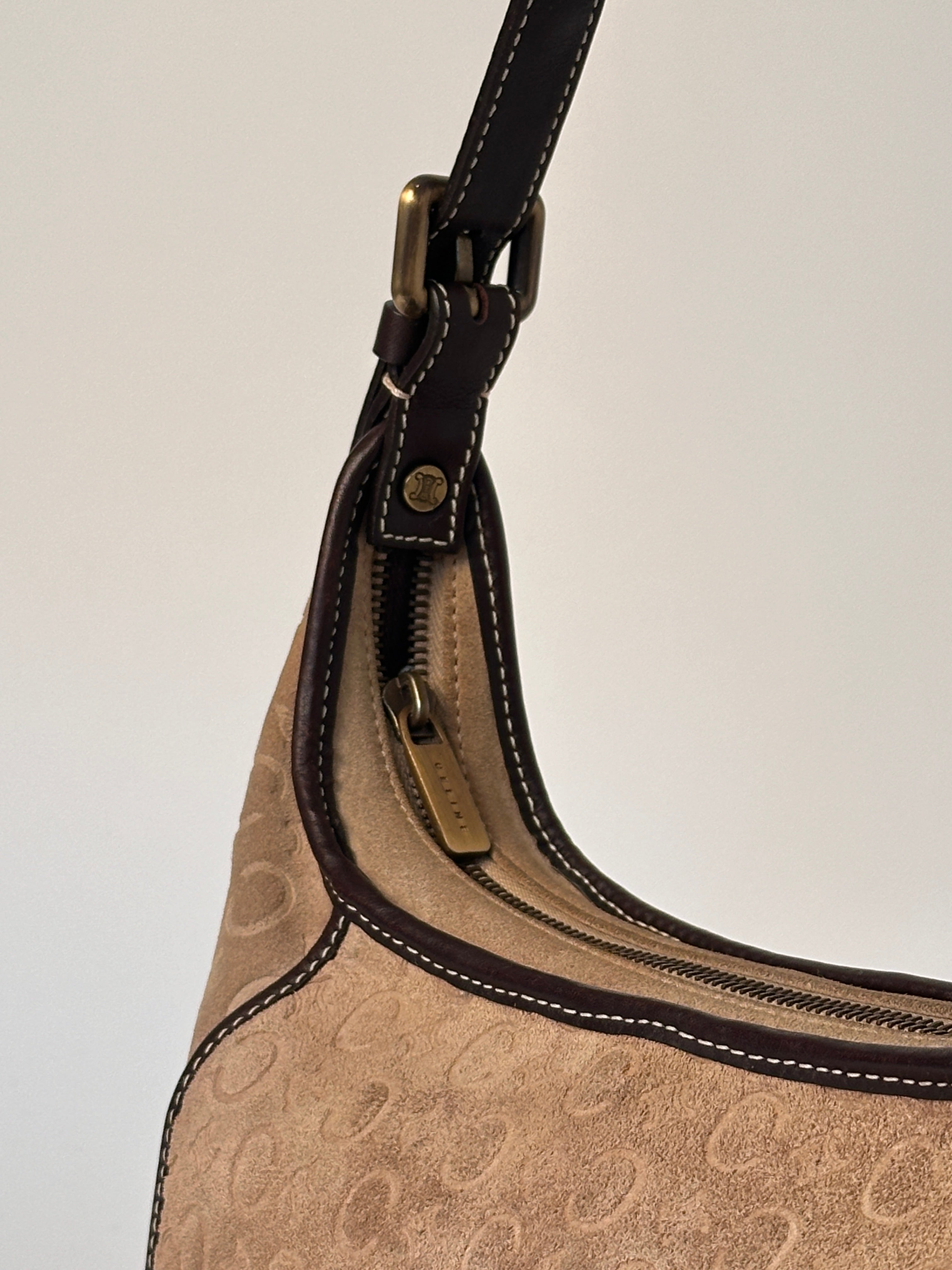 Celine Romy Hobo Shoulder bag in Macadame Monogram Brown Suede