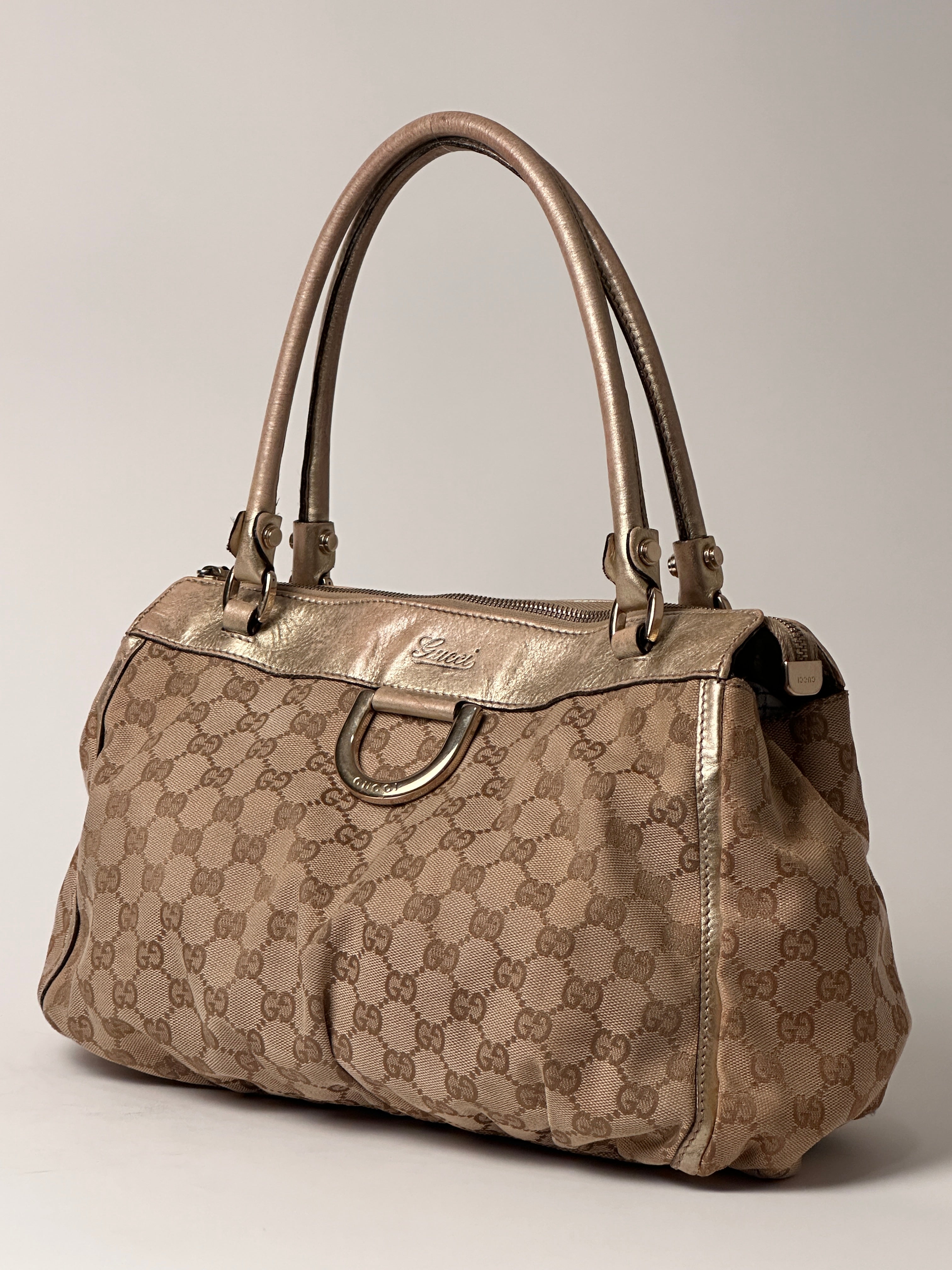 Gucci D-Ring Golden Brown Monogram Canvas Leather Handbag