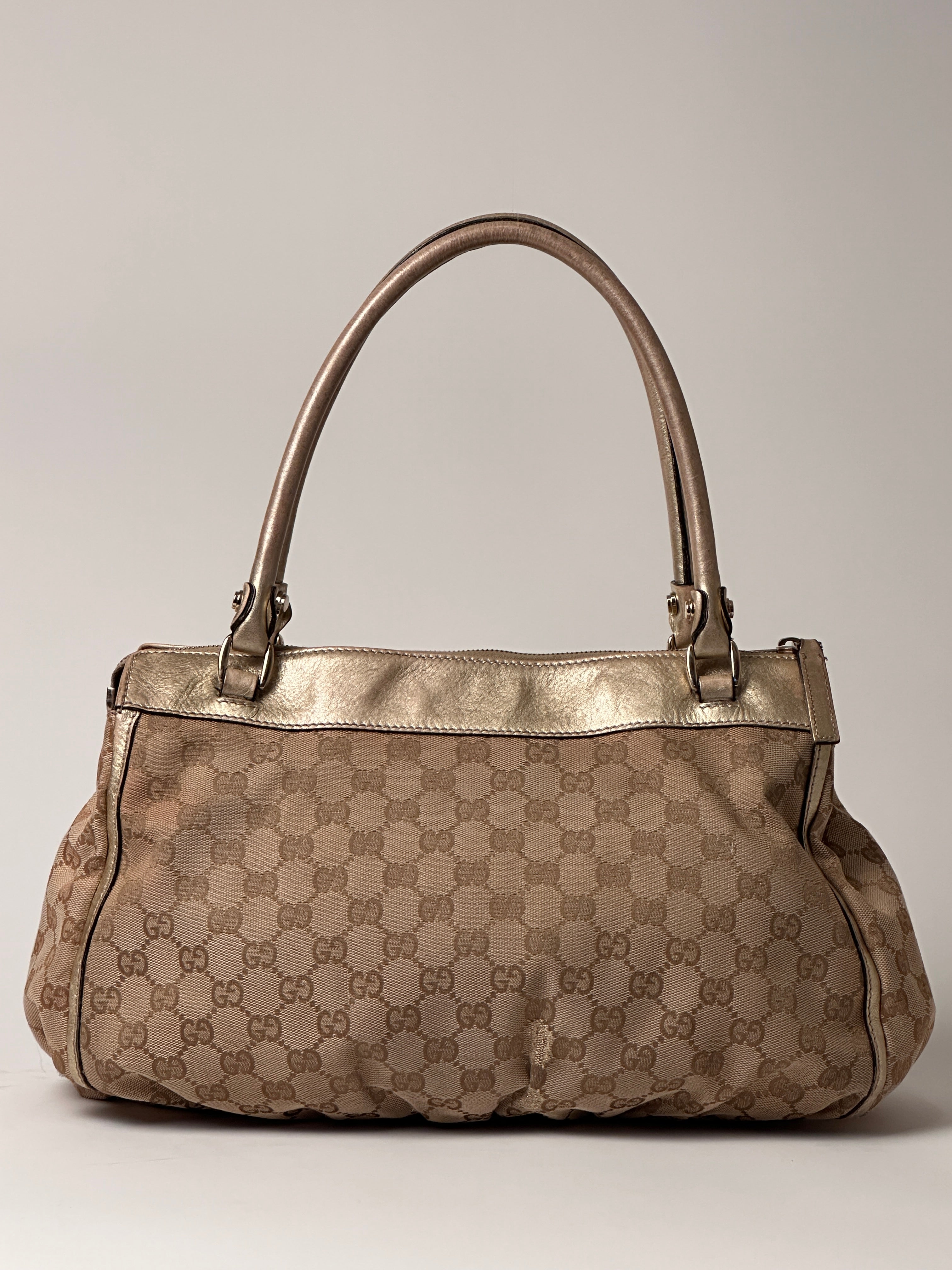 Gucci D-Ring Golden Brown Monogram Canvas Leather Handbag