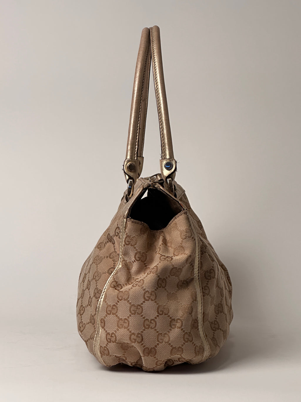 Gucci D-Ring Golden Brown Monogram Canvas Leather Handbag