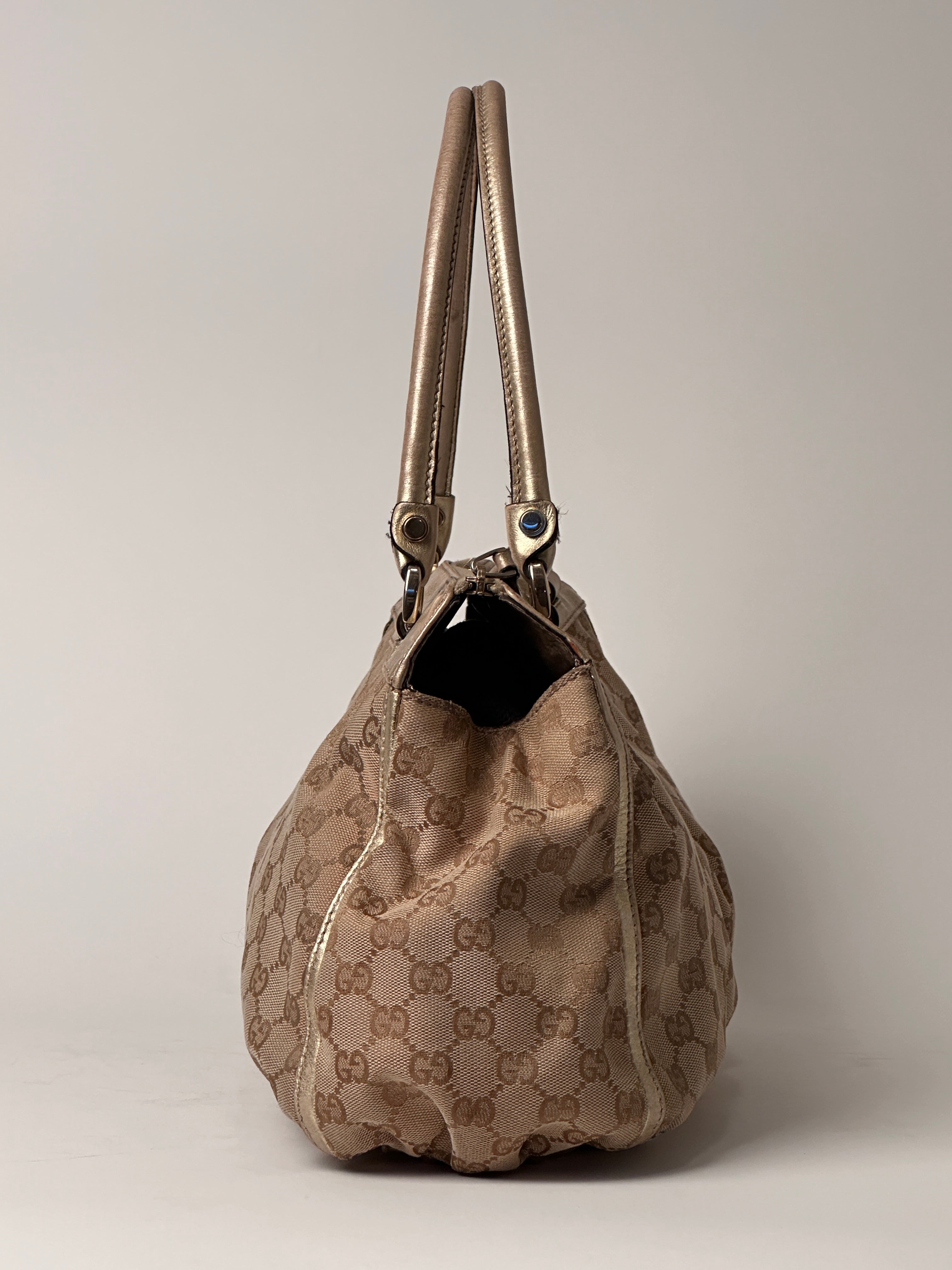 Gucci D-Ring Golden Brown Monogram Canvas Leather Handbag